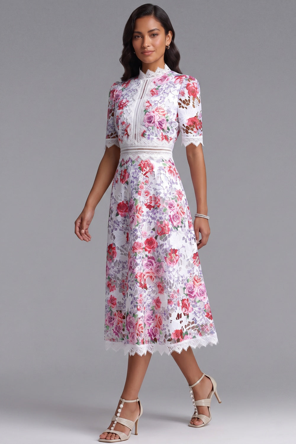 White Guipure Lace Floral Midi Dress - OWNCI White Guipure Lace Floral Midi Dress - OWNCI