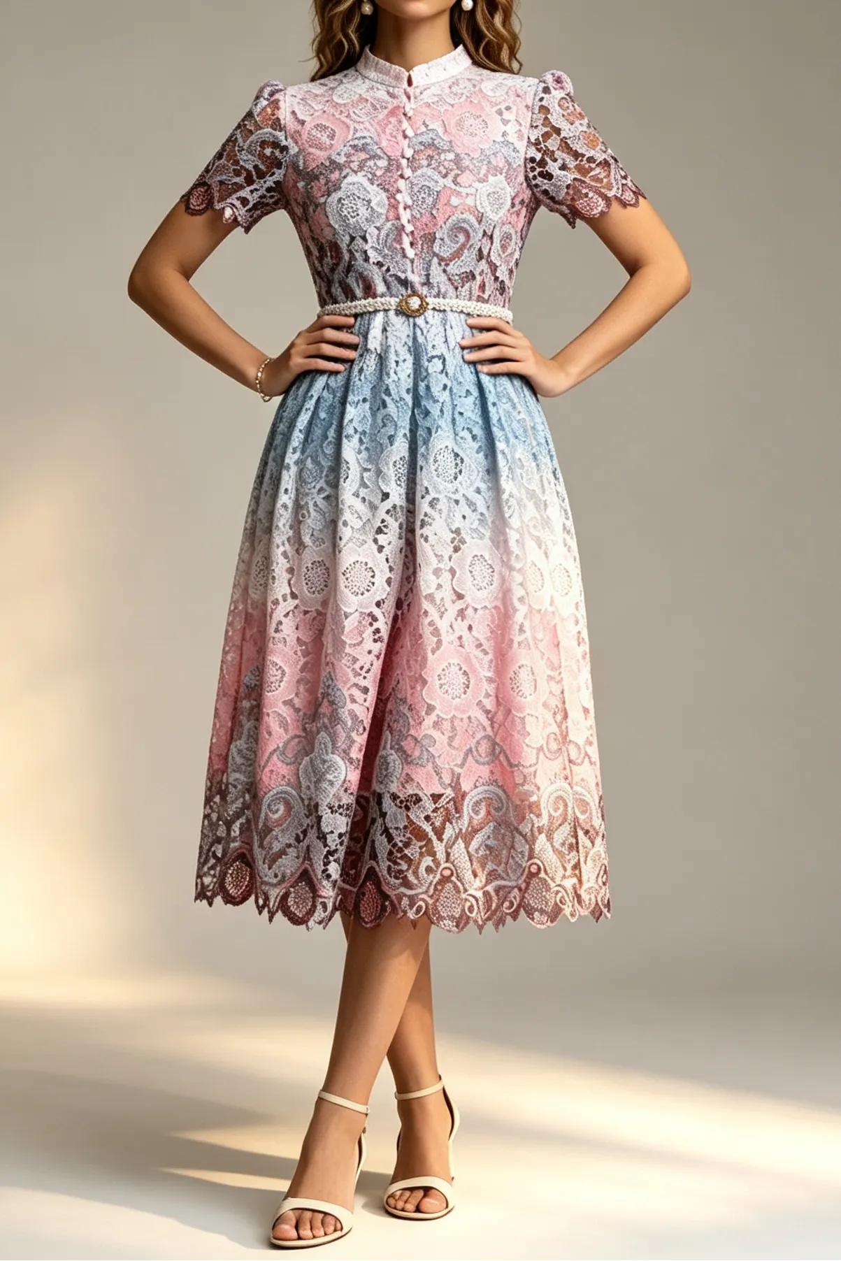 Ombre Gradient Floral Lace Stand Collar Short Puff Sleeve Pearl Button Rhinestone Belt A-Line Midi Dress - OWNCI Ombre Gradient Floral Lace Stand Collar Short Puff Sleeve Pearl Button Rhinestone Belt A-Line Midi Dress - OWNCI