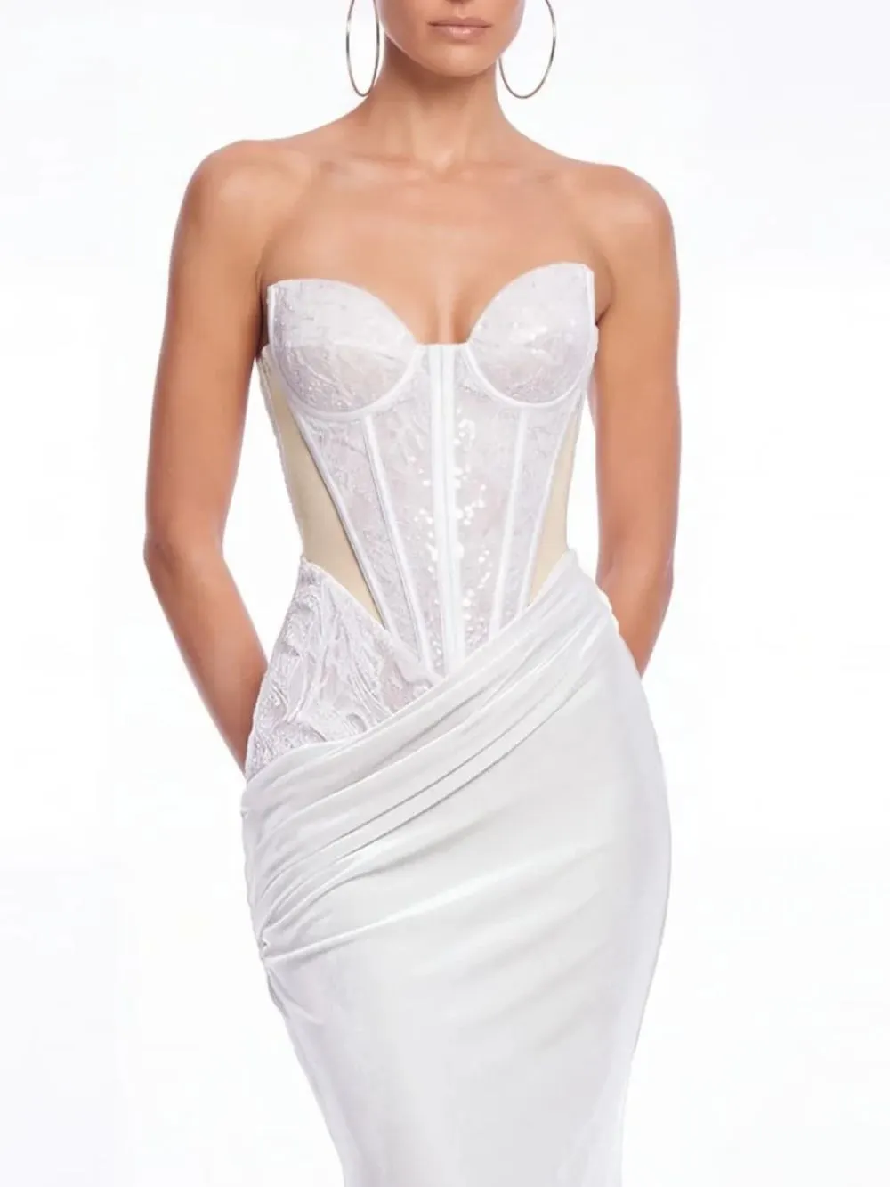 Xervik Strapless Lace Satin Maxi Dress In White - OWNCI