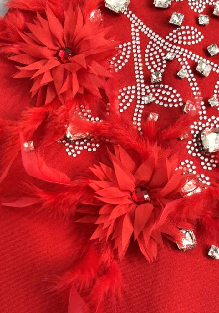 Hedy Rhinestone Feather Bandage Strappy Mini Dress – Red - OWNCI Hedy Rhinestone Feather Bandage Strappy Mini Dress – Red - OWNCI
