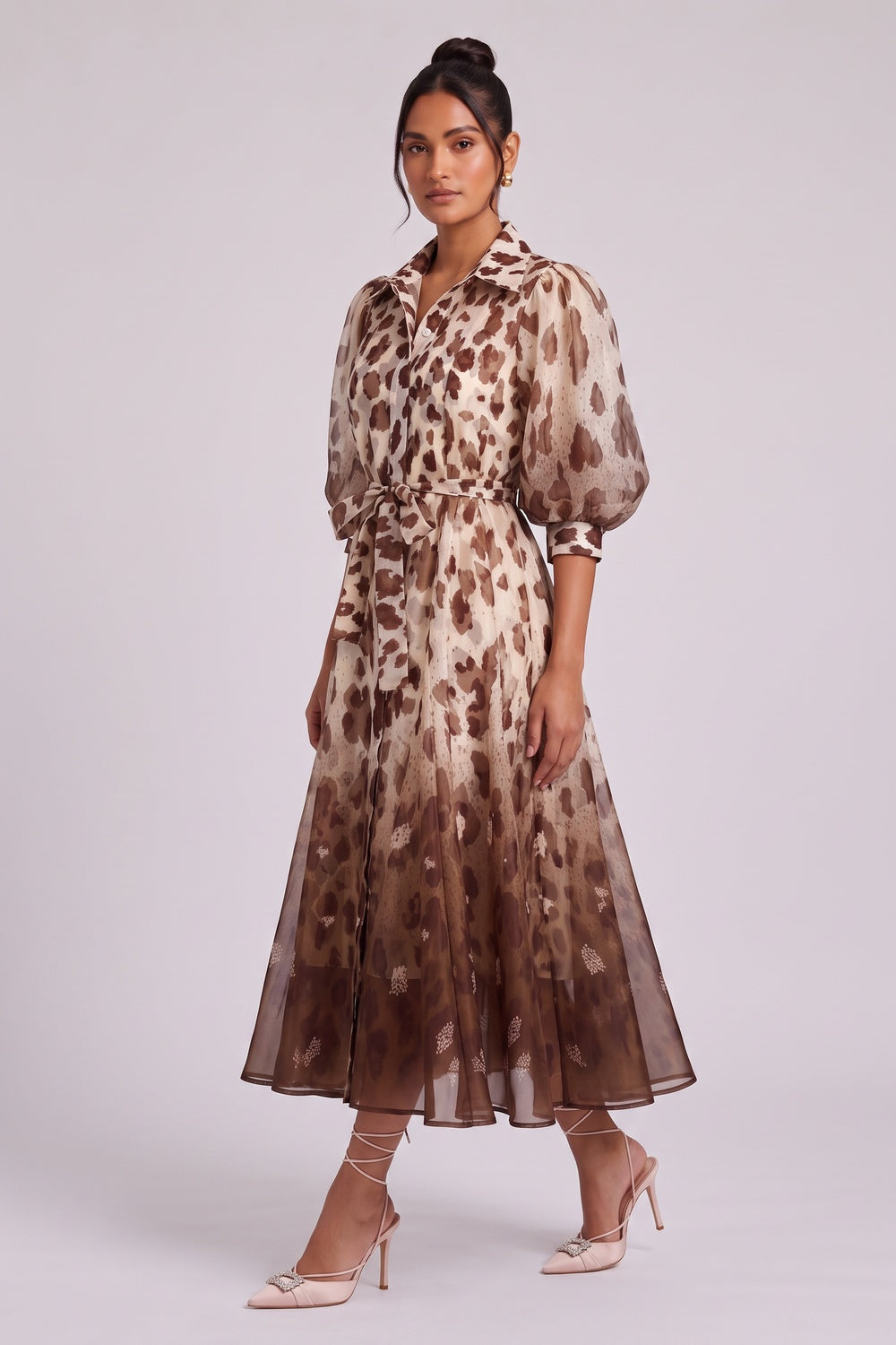 Ombre Leopard Print Puff Sleeve Midi Shirt Dress - OWNCI Ombre Leopard Print Puff Sleeve Midi Shirt Dress - OWNCI