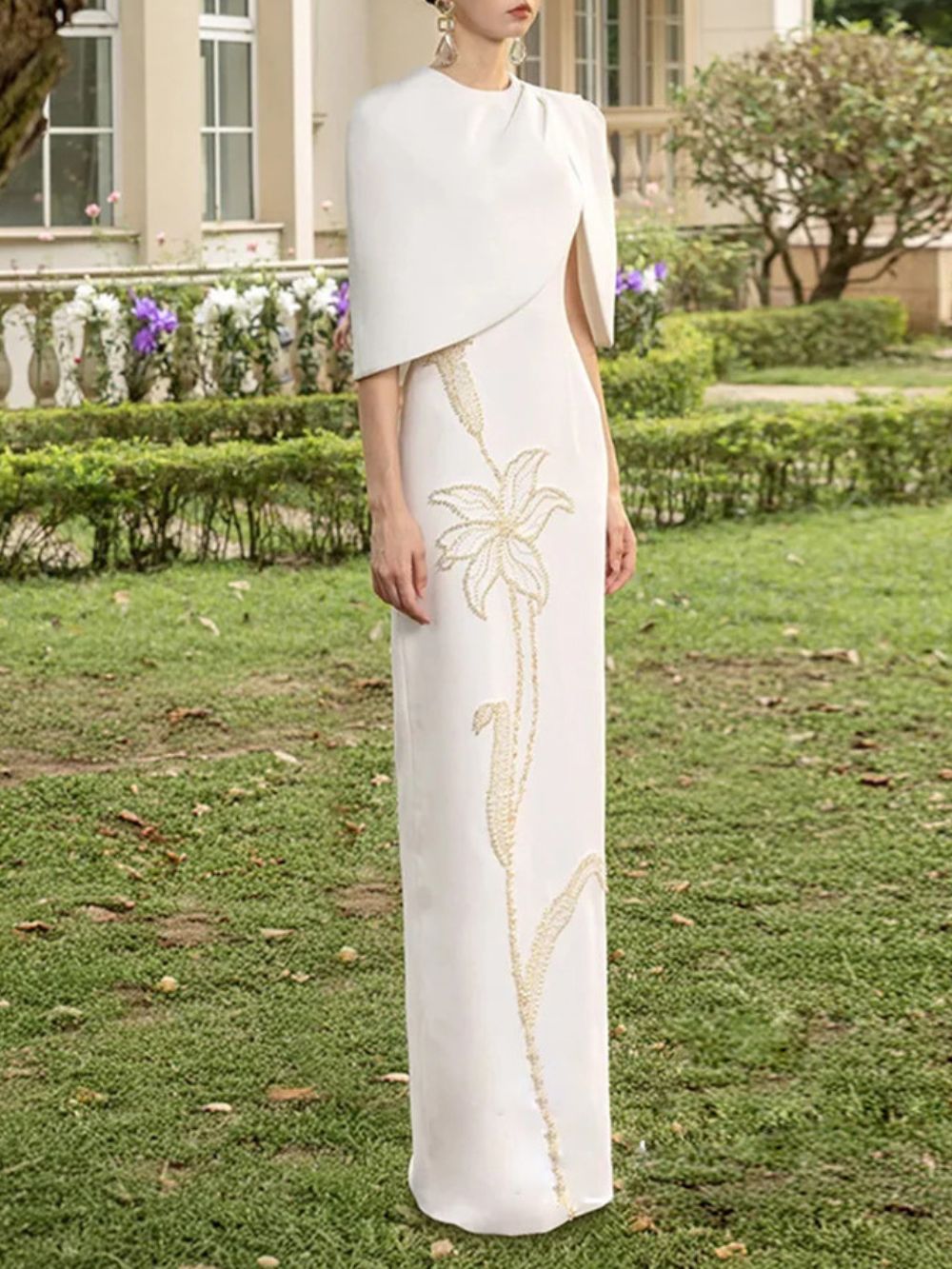 Cape Detail Floral Embellished Maxi Dress - OWNCI Cape Detail Floral Embellished Maxi Dress - OWNCI