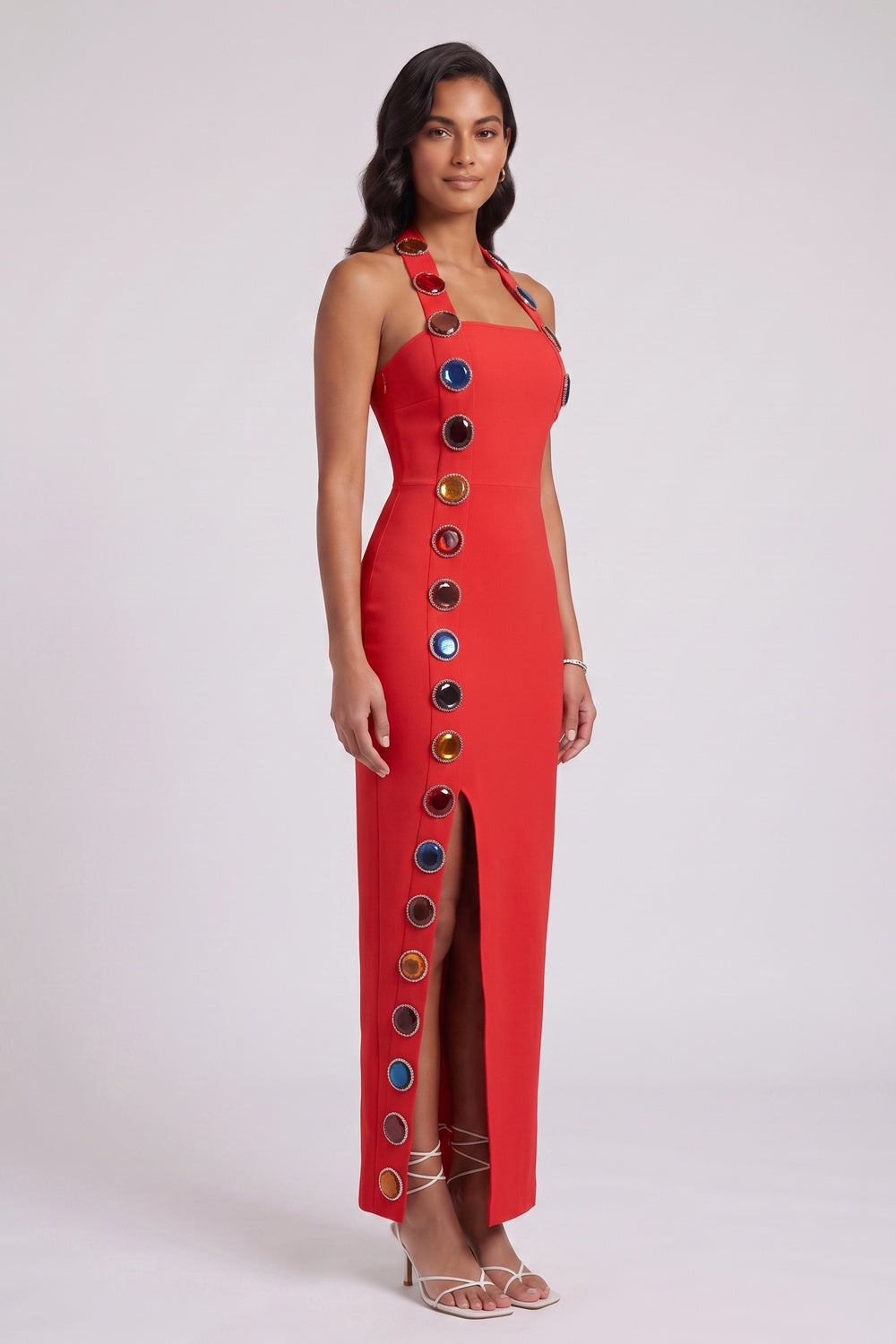 Red Heavy Stretch Crepe Column Dress - OWNCI