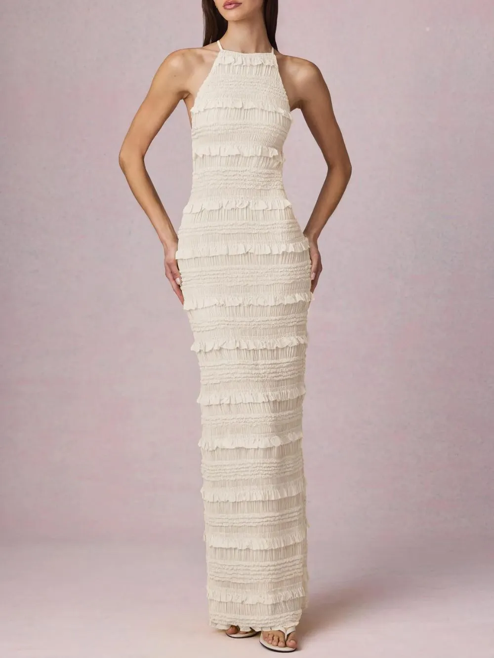 Mercedes White Halter Ruffle Backless Maxi Dress - OWNCI