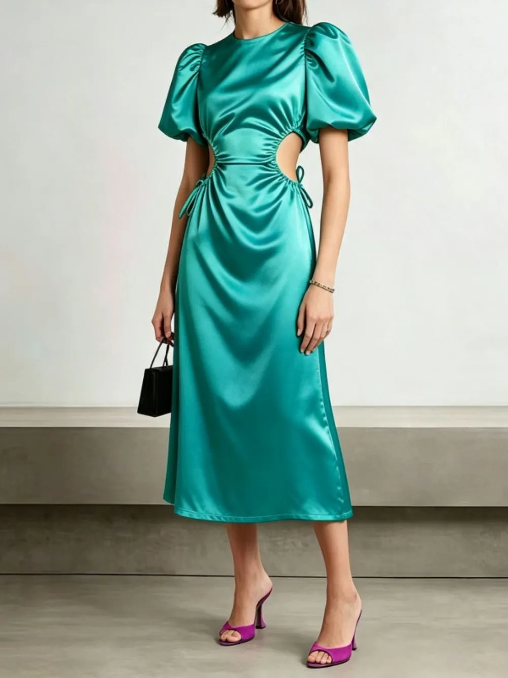 Megara Satin Cutout Puff-Sleeve Midi Dress - OWNCI Megara Satin Cutout Puff-Sleeve Midi Dress - OWNCI