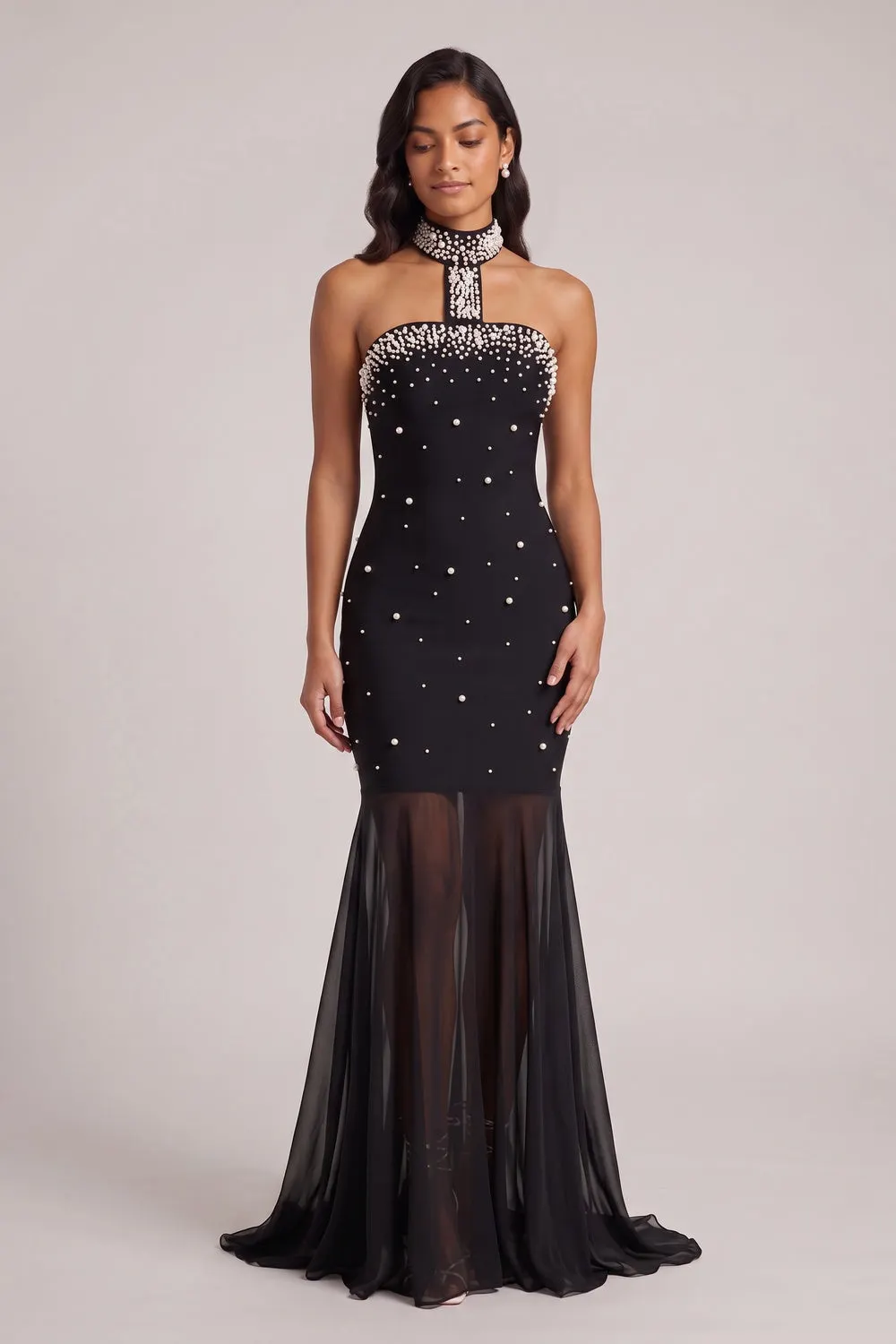 Black Pearl-Embellished Halter Mermaid Gown - OWNCI Black Pearl-Embellished Halter Mermaid Gown - OWNCI