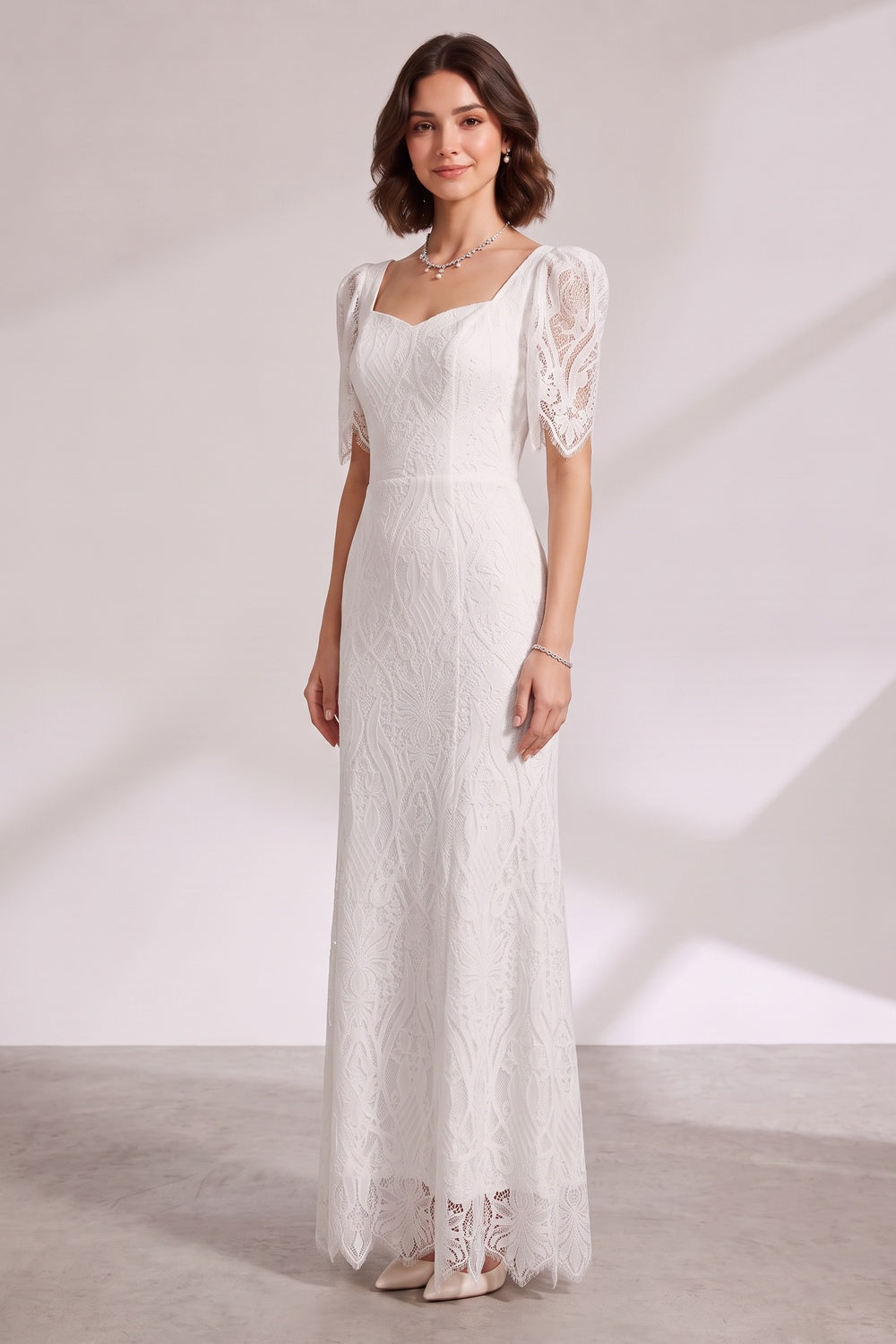 White Lace Floor-Length Dress with Puff Sleeves - OWNCI