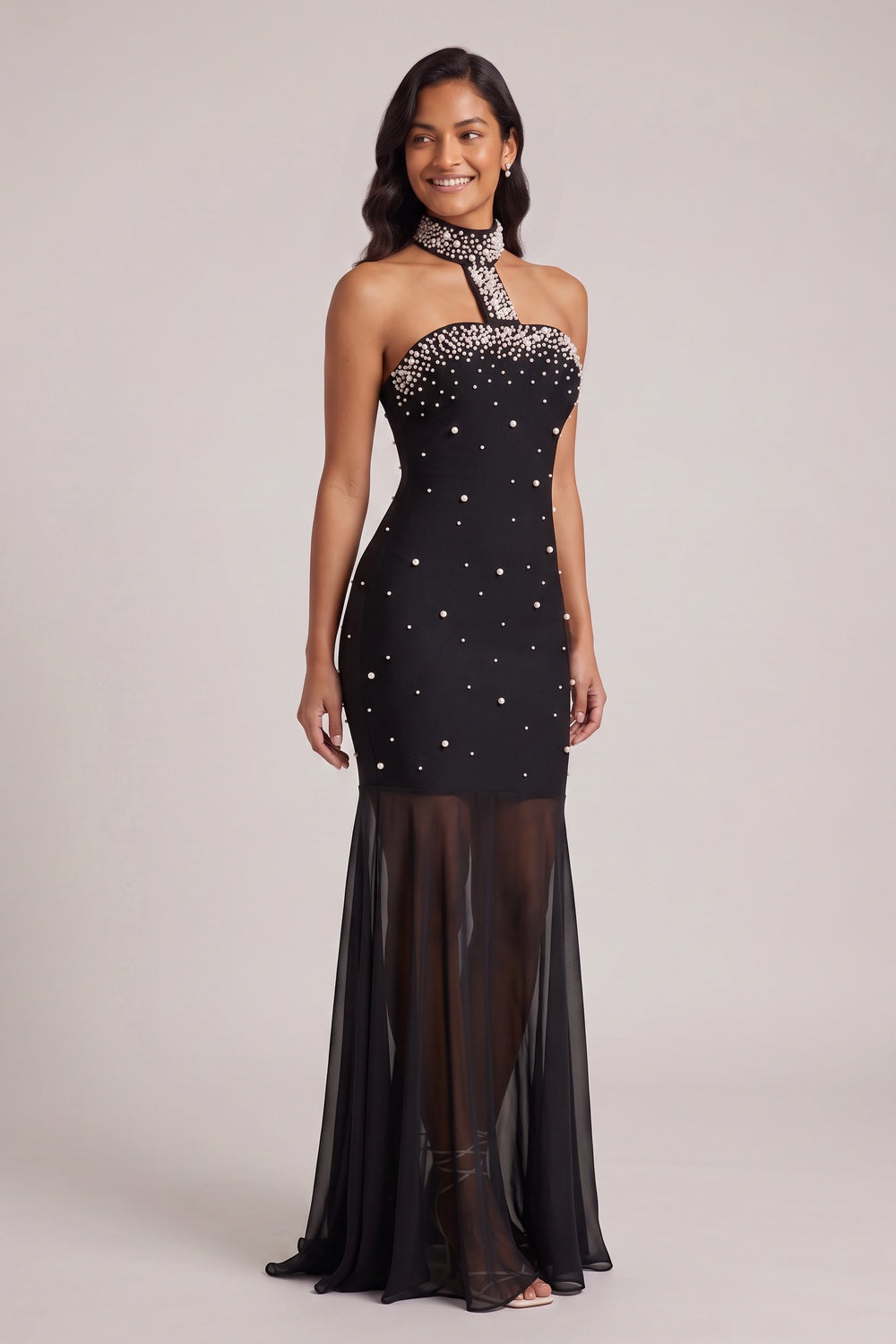 Black Pearl-Embellished Halter Mermaid Gown - OWNCI