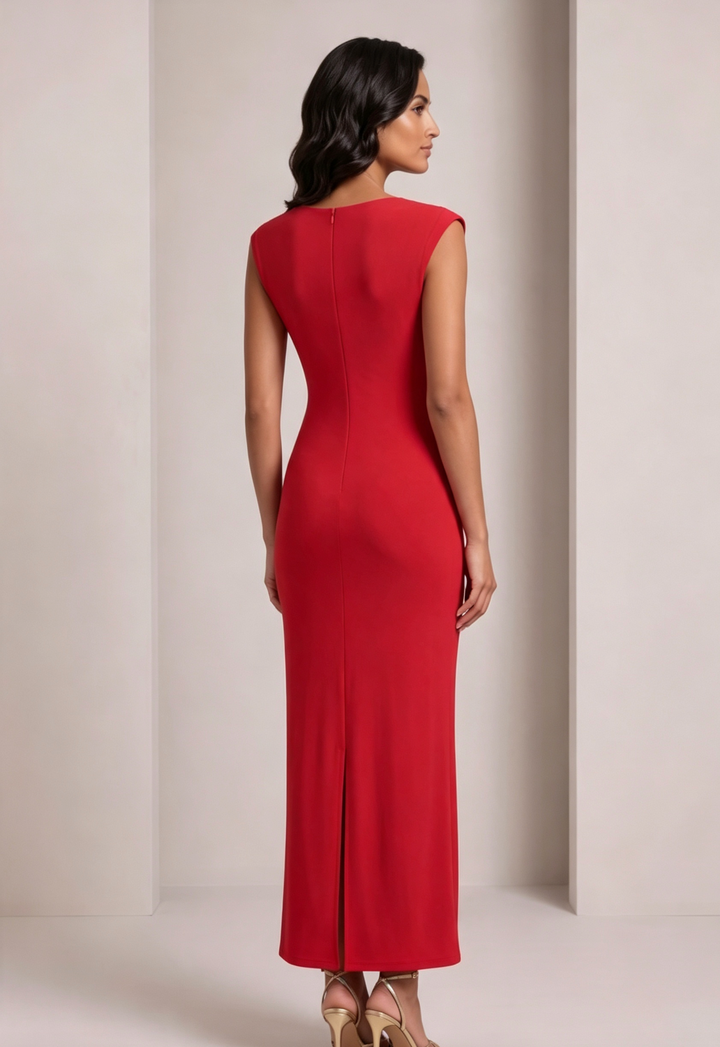Red Stretch Jersey Or Crepe Fitted Column Dress - OWNCI Red Stretch Jersey Or Crepe Fitted Column Dress - OWNCI