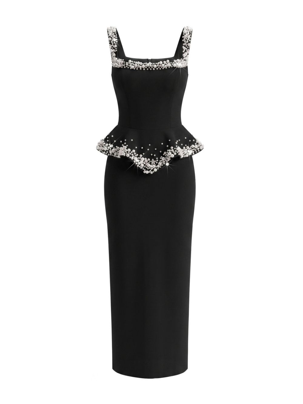 Crystal Pearl Peplum Detail Maxi Dress Black - OWNCI