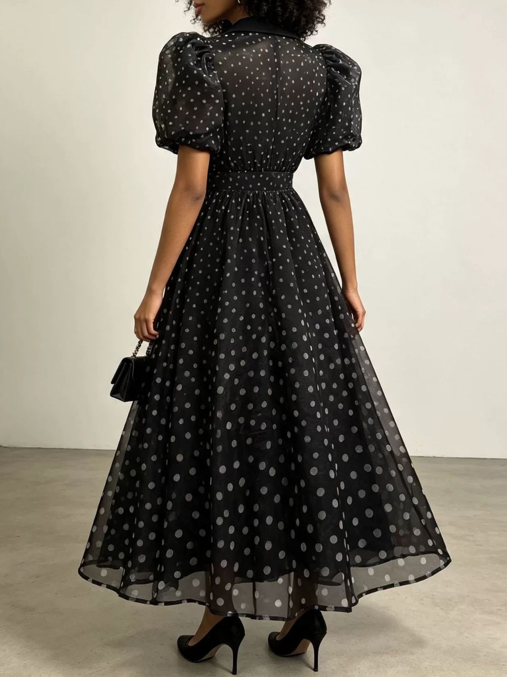 Maxence Black Polka Dot Puff-Sleeve Midi Dress - OWNCI