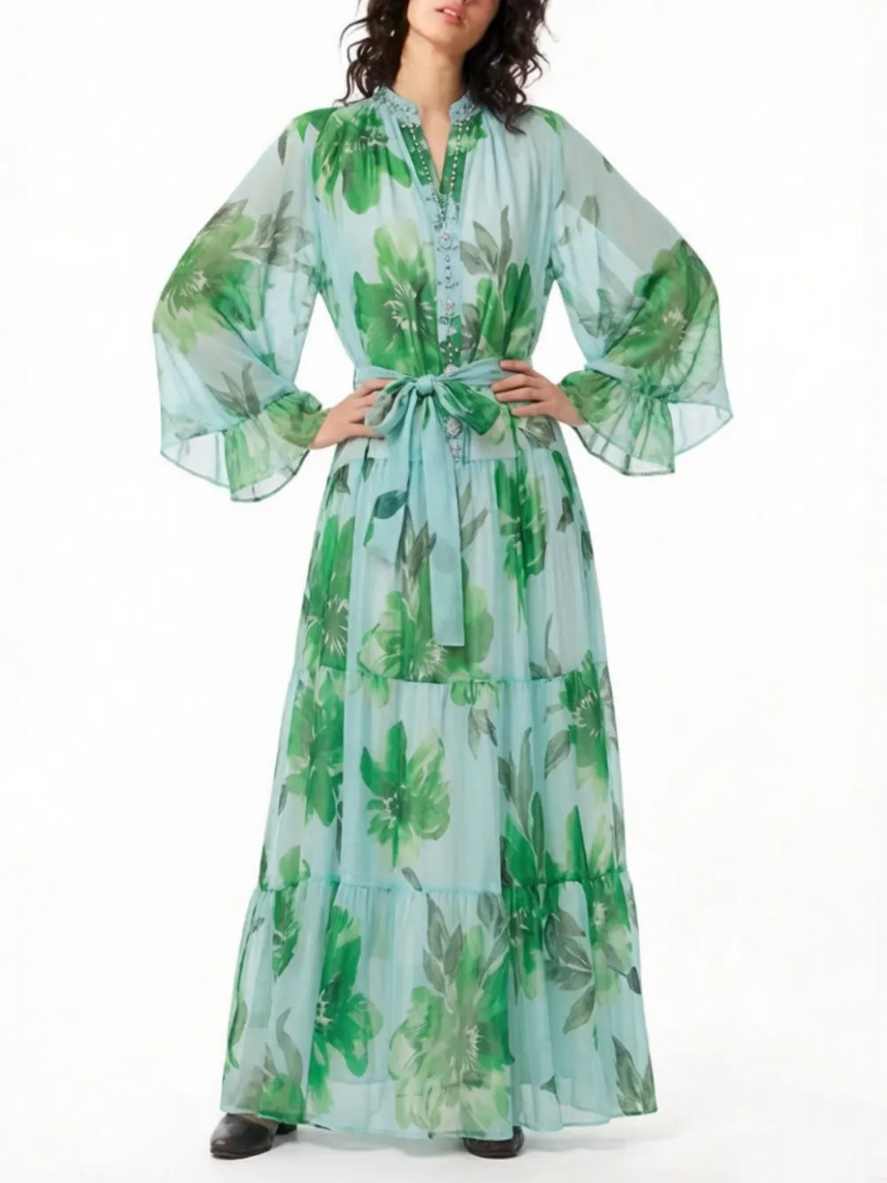 Mehta Green Floral Long Sleeve Maxi Dress - OWNCI