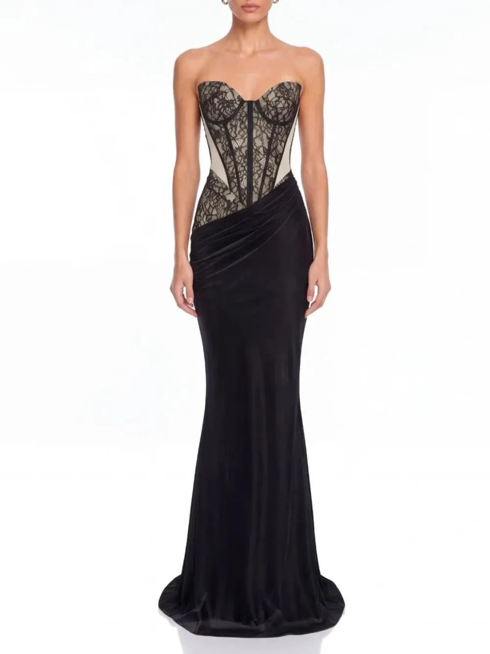 Xervik Strapless Lace Satin Maxi Dress In Black - OWNCI Xervik Strapless Lace Satin Maxi Dress In Black - OWNCI