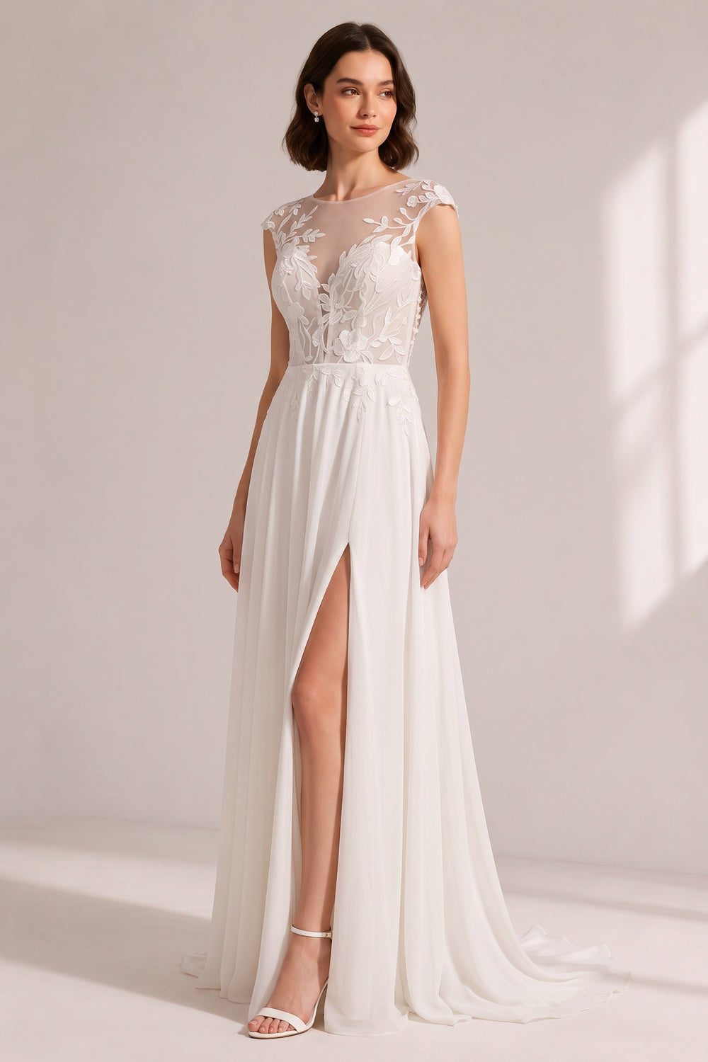Illusion Cap Sleeve Floral Lace High Slit Chiffon Wedding Gown - OWNCI