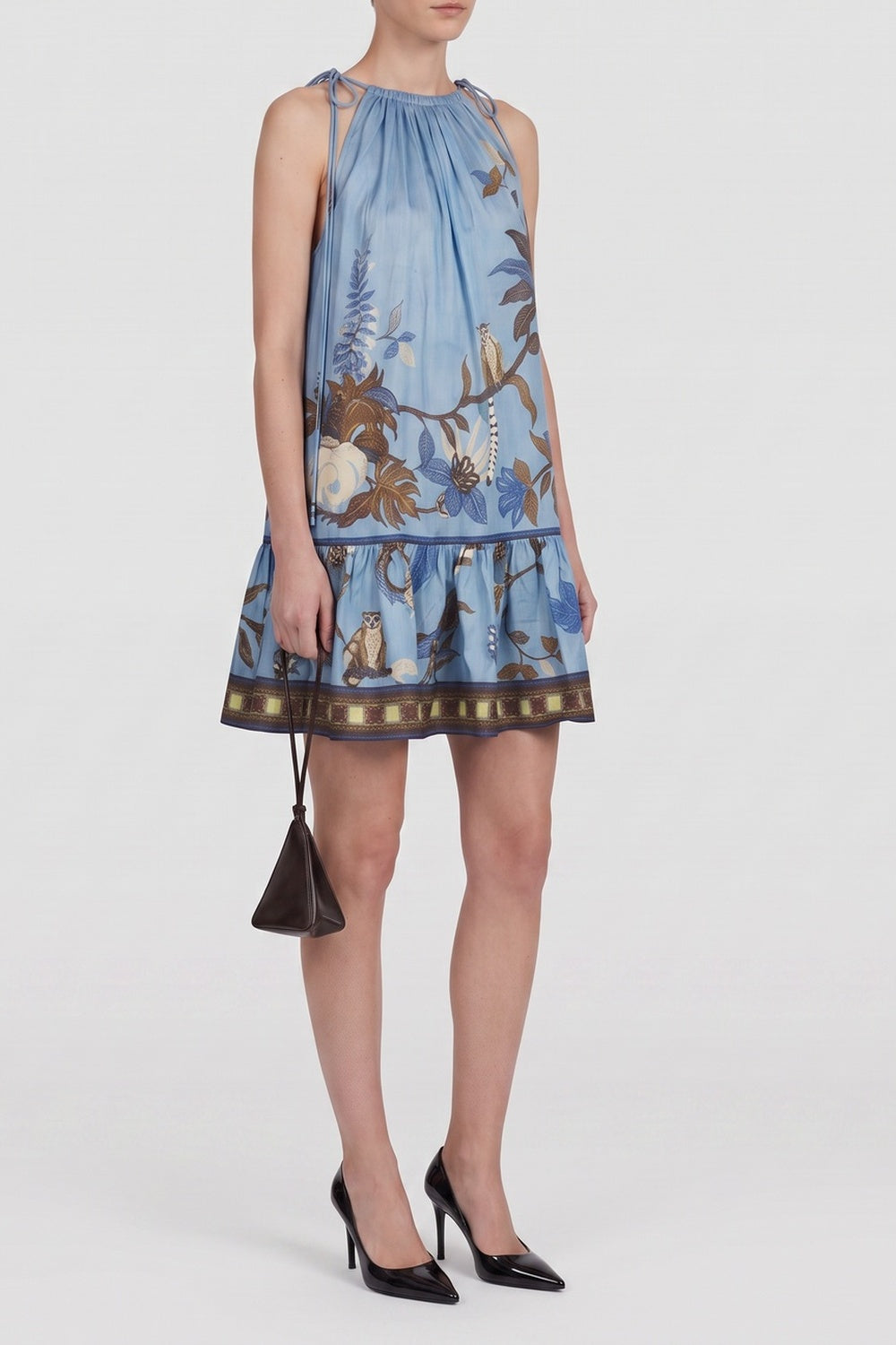Tie Halter Jungle Print Ruffle Mini Dress - OWNCI