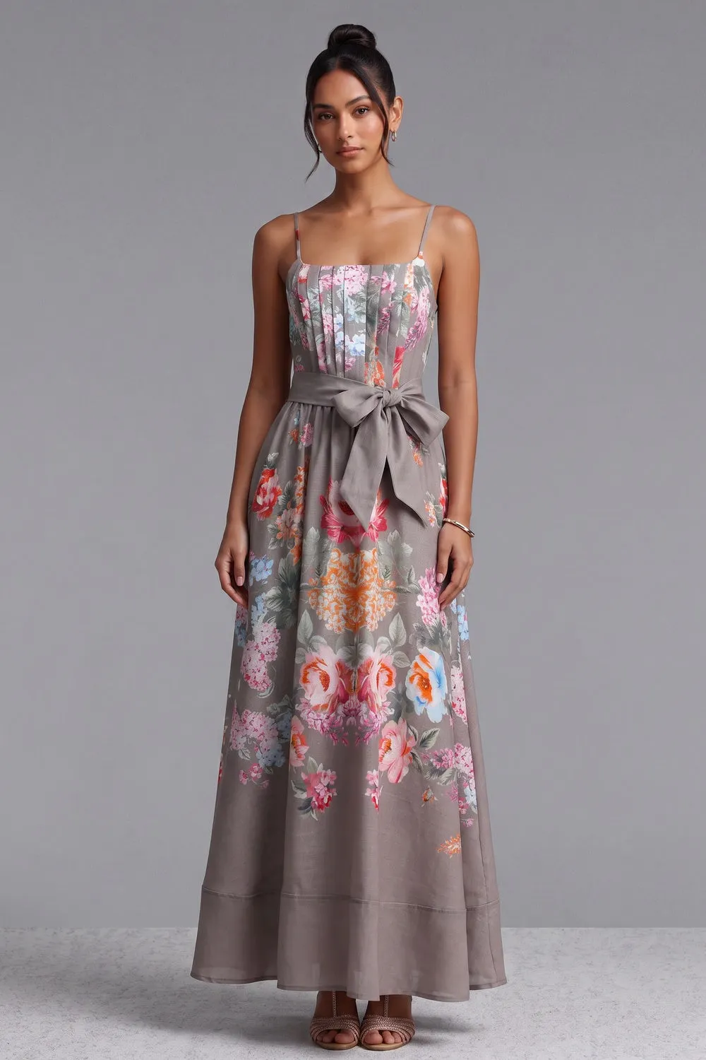 Taupe Linen-Blend A-Line Floral Maxi Dress - OWNCI Taupe Linen-Blend A-Line Floral Maxi Dress - OWNCI