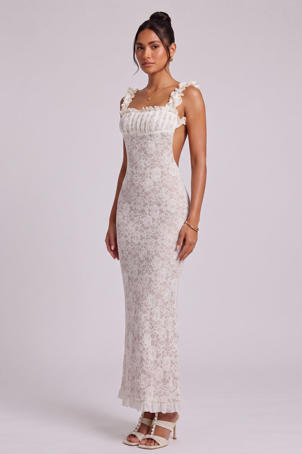 White Lace Maxi Dress with Ruffled Square Neckline - OWNCI
