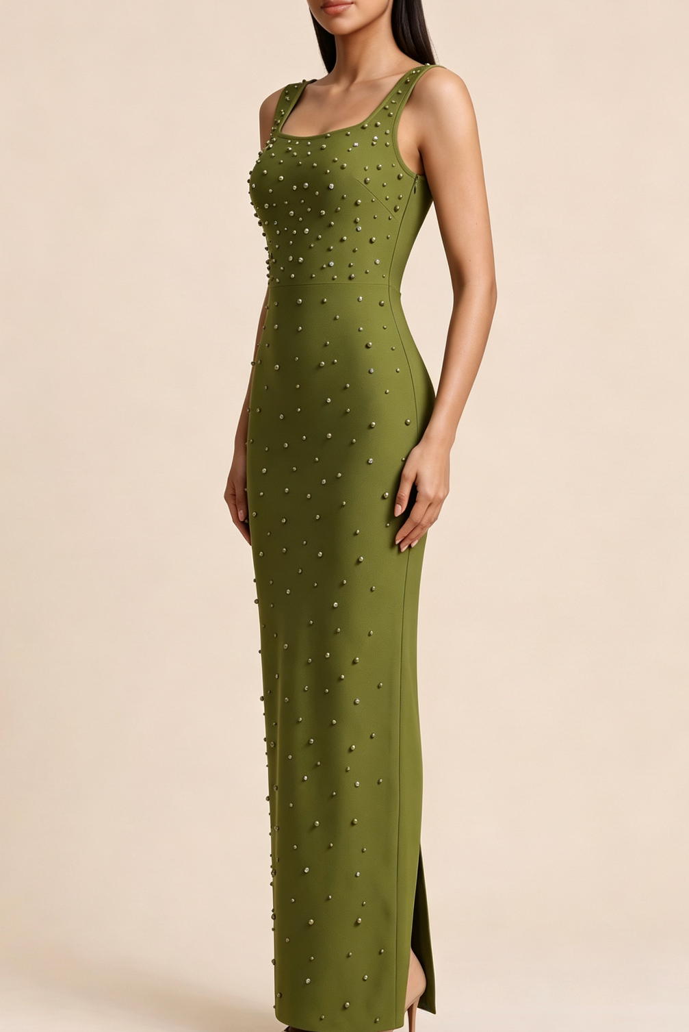 Square Neck Sleeveless Rhinestone Mermaid Maxi Dress - OWNCI