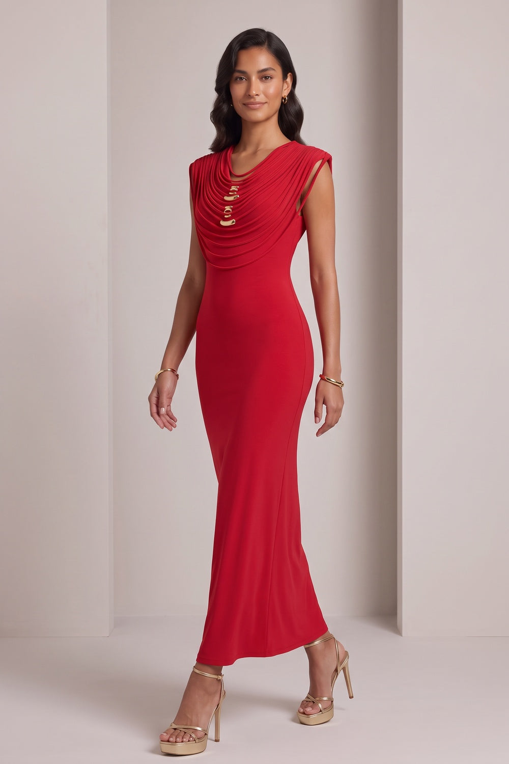 Red Stretch Jersey Or Crepe Fitted Column Dress - OWNCI Red Stretch Jersey Or Crepe Fitted Column Dress - OWNCI