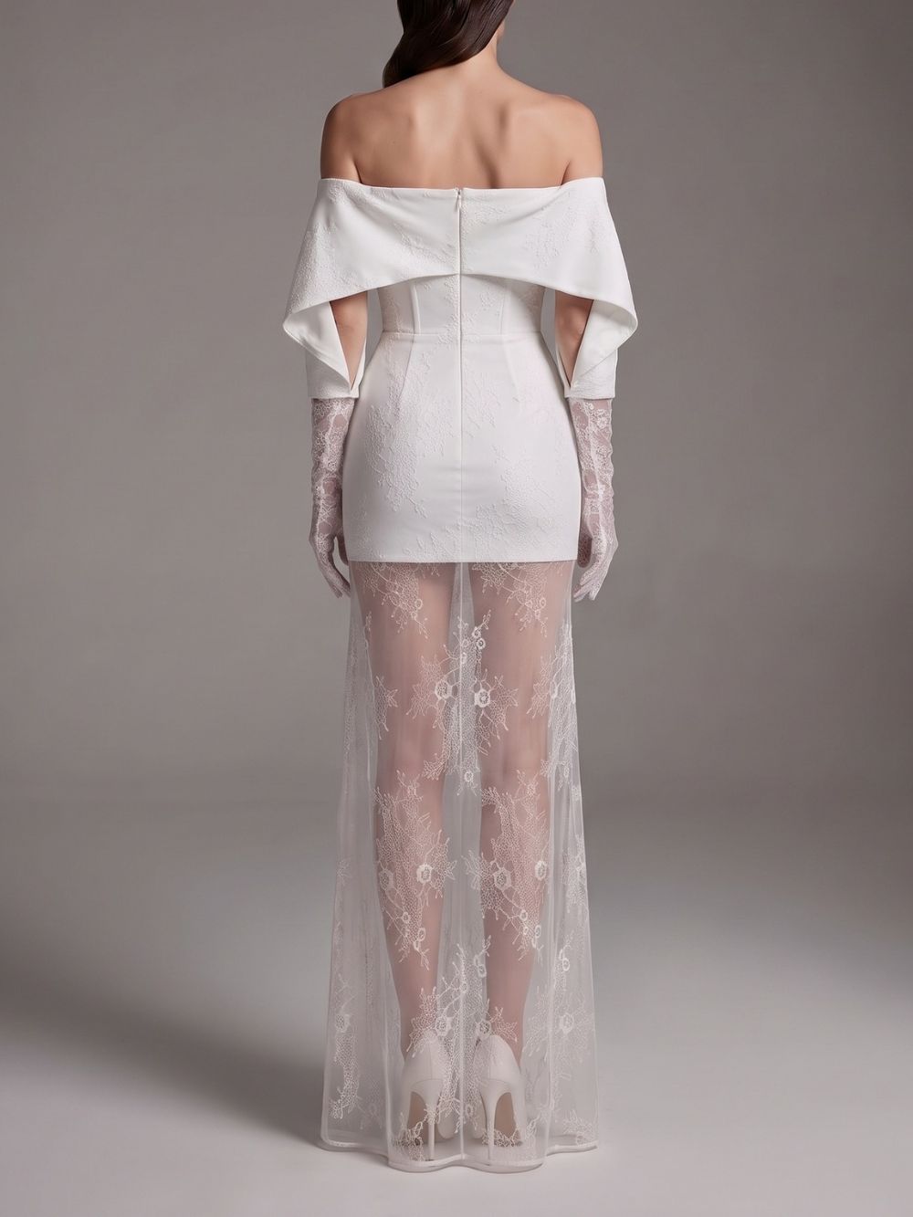 Lace Glove Sleeves Bardot Maxi Dress White - OWNCI