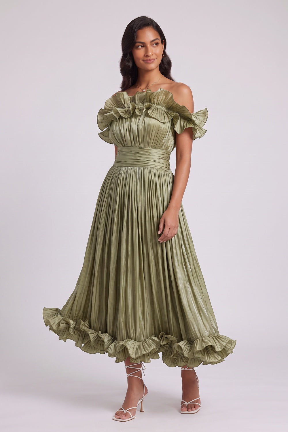 Olive Green Pleated Satin Or Taffeta Fit-And-Flare, Off-The-Shoulder Midi Dress - OWNCI Olive Green Pleated Satin Or Taffeta Fit-And-Flare, Off-The-Shoulder Midi Dress - OWNCI