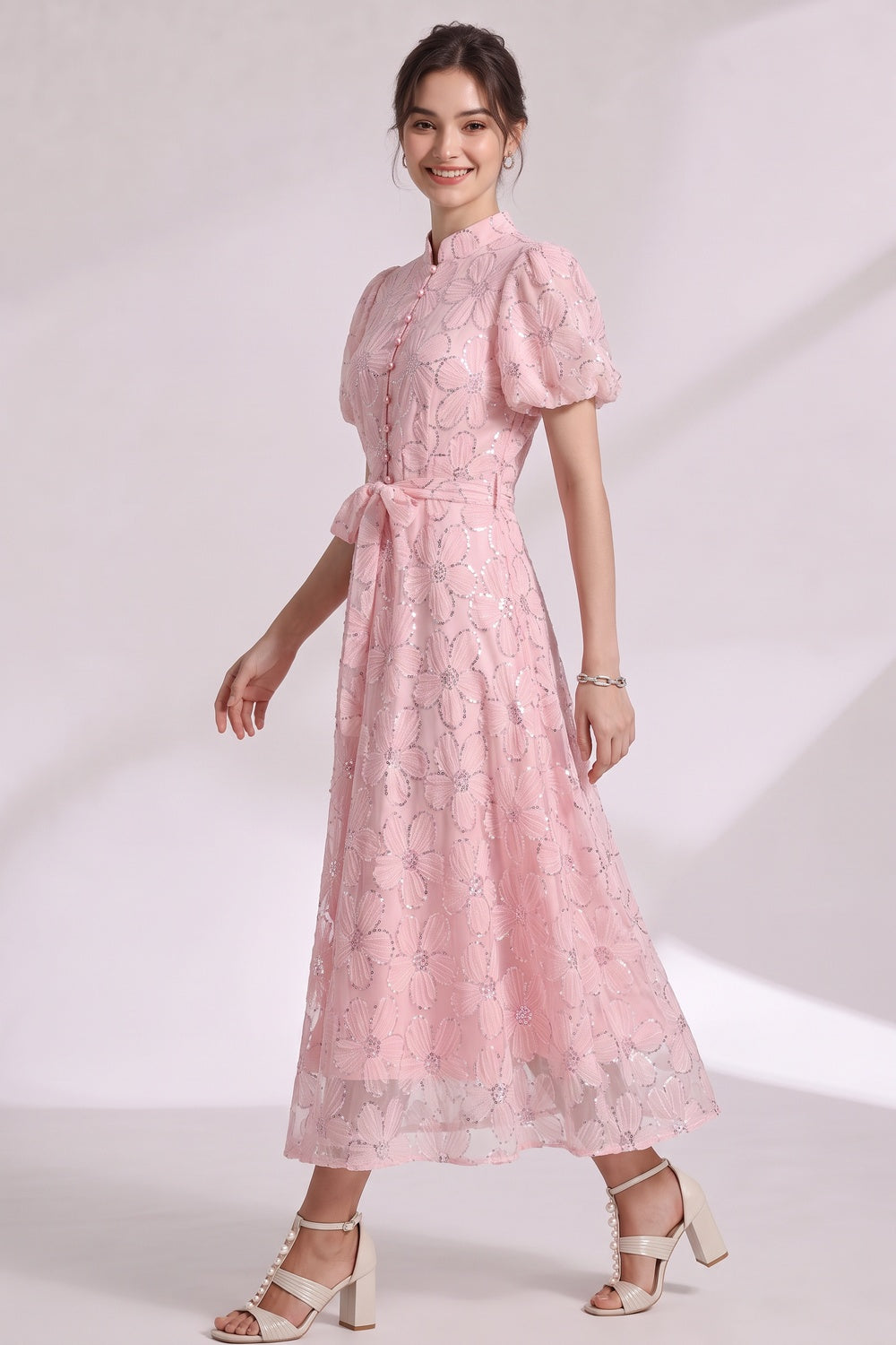 Light Pink Sheer Organza A-Line Midi Dress with Floral Applique - OWNCI Light Pink Sheer Organza A-Line Midi Dress with Floral Applique - OWNCI