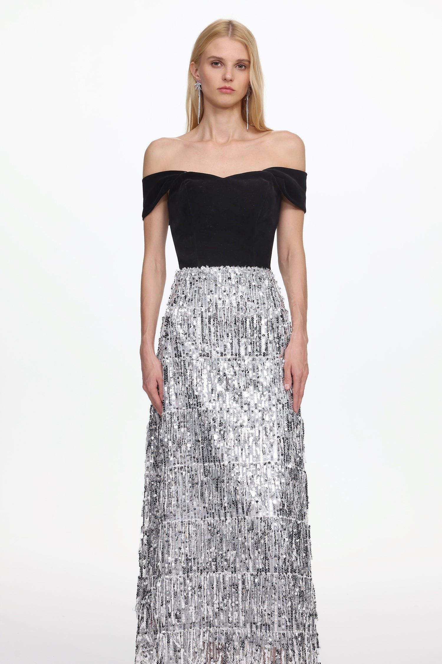 Merrit Off Shoulder Fringe Velvet Maxi Dress - OWNCI Merrit Off Shoulder Fringe Velvet Maxi Dress - OWNCI