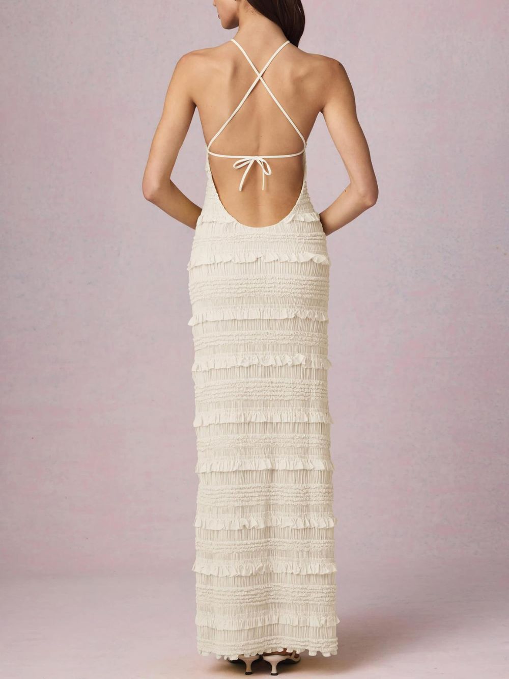 Mercedes White Halter Ruffle Backless Maxi Dress - OWNCI