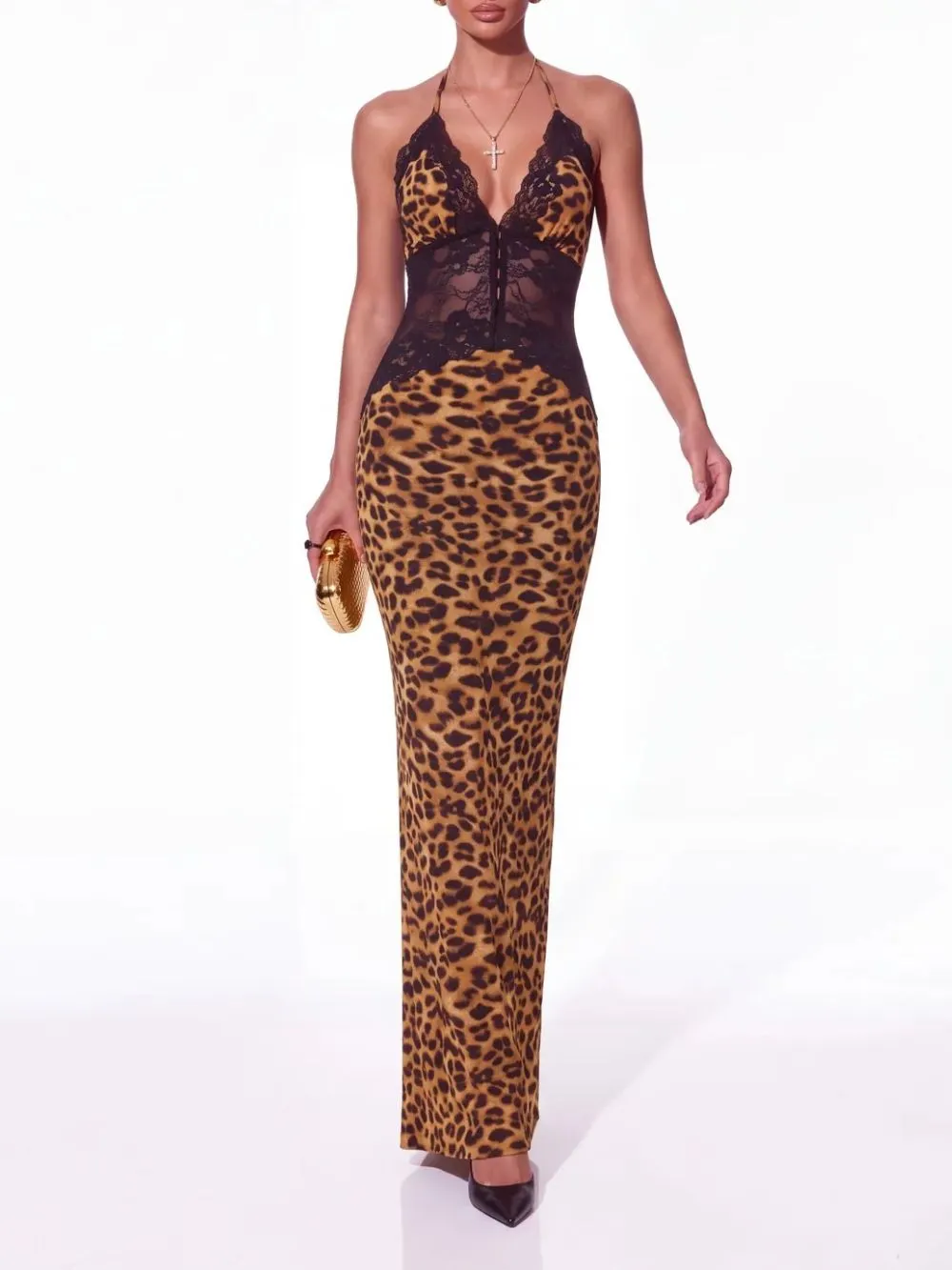 Vazvara V Neck Leopard Lace Maxi Dress - OWNCI Vazvara V Neck Leopard Lace Maxi Dress - OWNCI