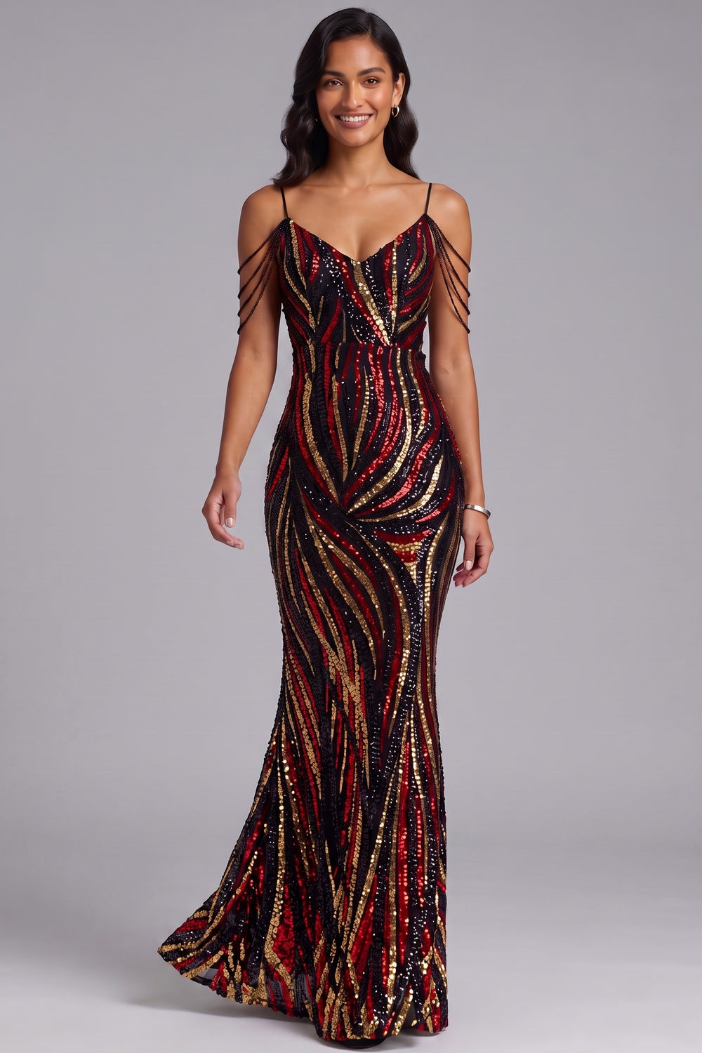 Sequin Cold Shoulder Floor-Length Gown - OWNCI