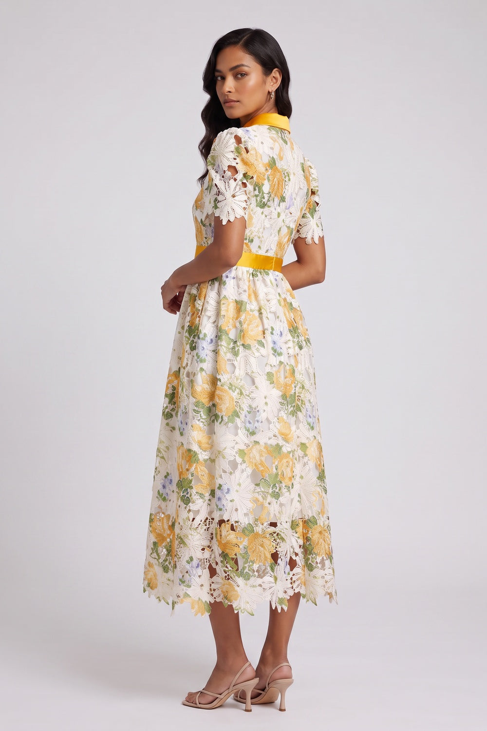 White Guipure Floral Lace A-Line Midi Dress with Yellow Satin Accents - OWNCI