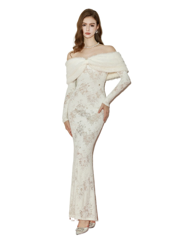 Julia Off-Shoulder Fur Collar Long Sleeve Lace Maxi Dress In White - OWNCI Julia Off-Shoulder Fur Collar Long Sleeve Lace Maxi Dress In White - OWNCI