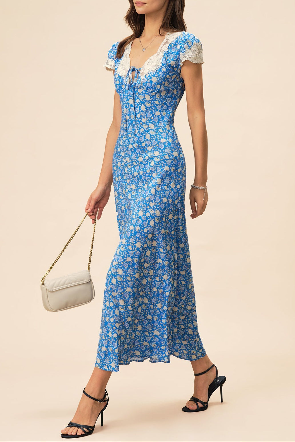 Lyuba Floral Printed Lace-Trimmed V-Neck Maxi Dress In Blue - OWNCI