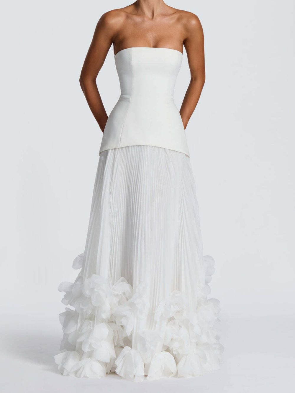 Ovarq Strapless Pleated Flower Maxi Dress In White - OWNCI Ovarq Strapless Pleated Flower Maxi Dress In White - OWNCI