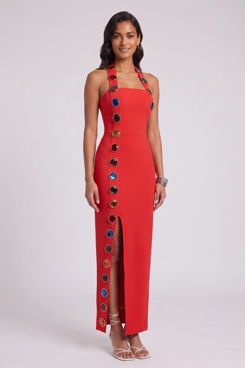 Red Heavy Stretch Crepe Column Dress - OWNCI