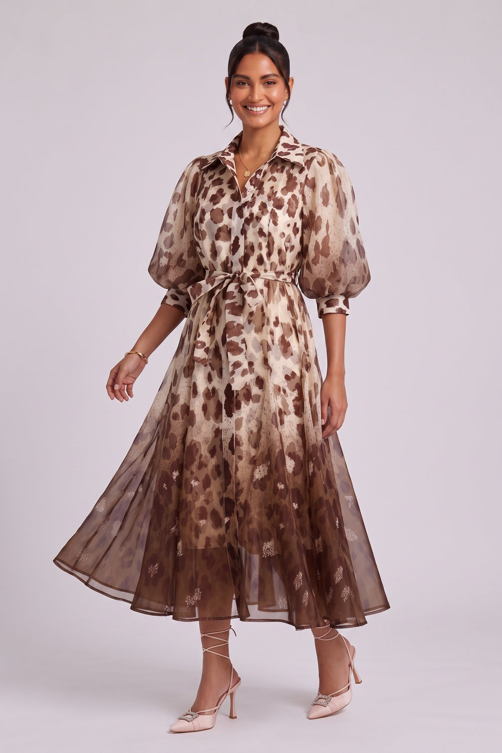 Ombre Leopard Print Puff Sleeve Midi Shirt Dress - OWNCI