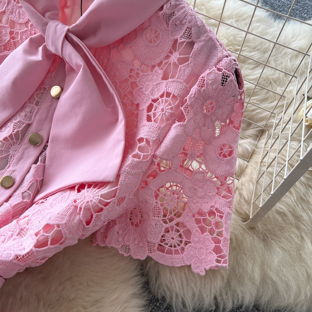 Light Pink Floral Lace A-Line Midi Dress - OWNCI Light Pink Floral Lace A-Line Midi Dress - OWNCI