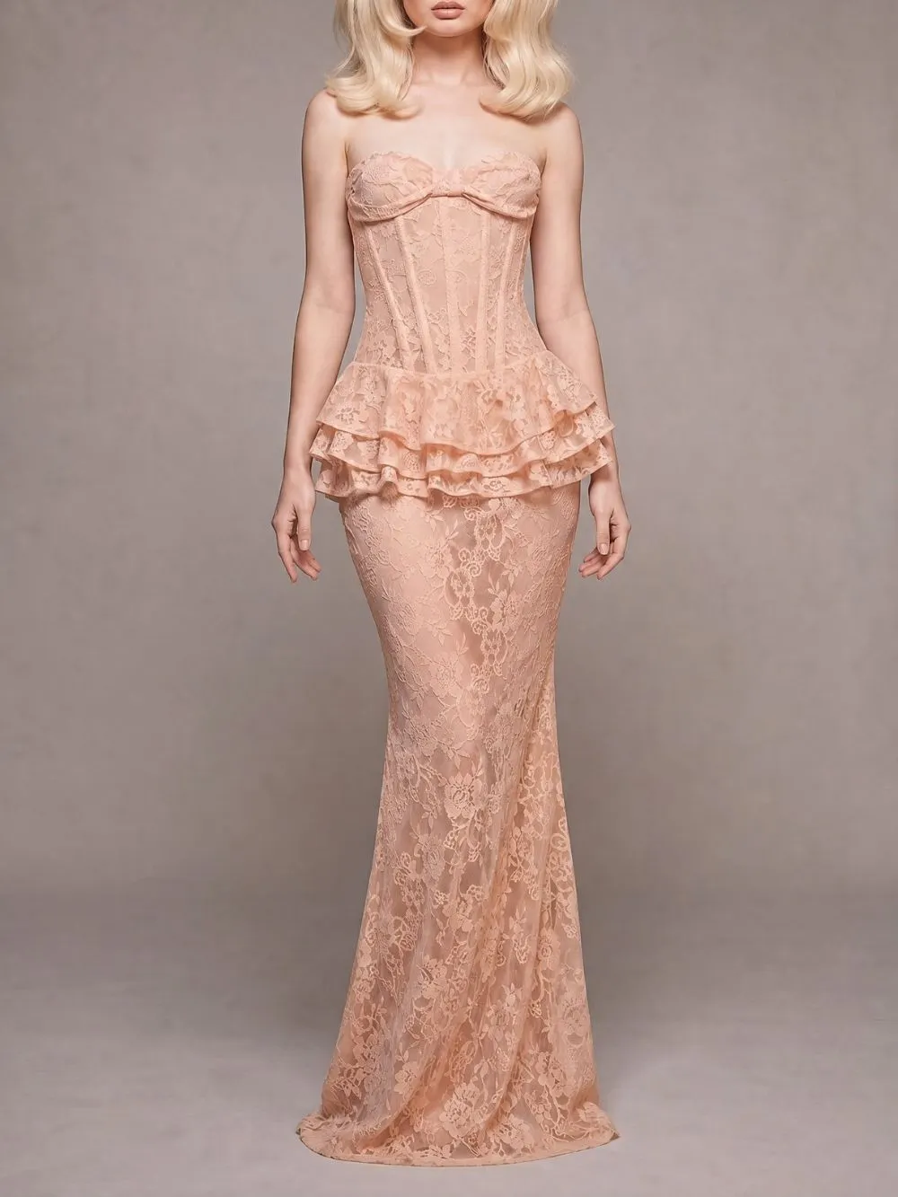 Strapless Nude Peplum Maxi Dress Nude Pink - OWNCI