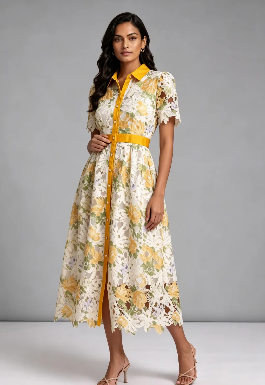 White Guipure Floral Lace A-Line Midi Dress with Yellow Satin Accents - OWNCI White Guipure Floral Lace A-Line Midi Dress with Yellow Satin Accents - OWNCI
