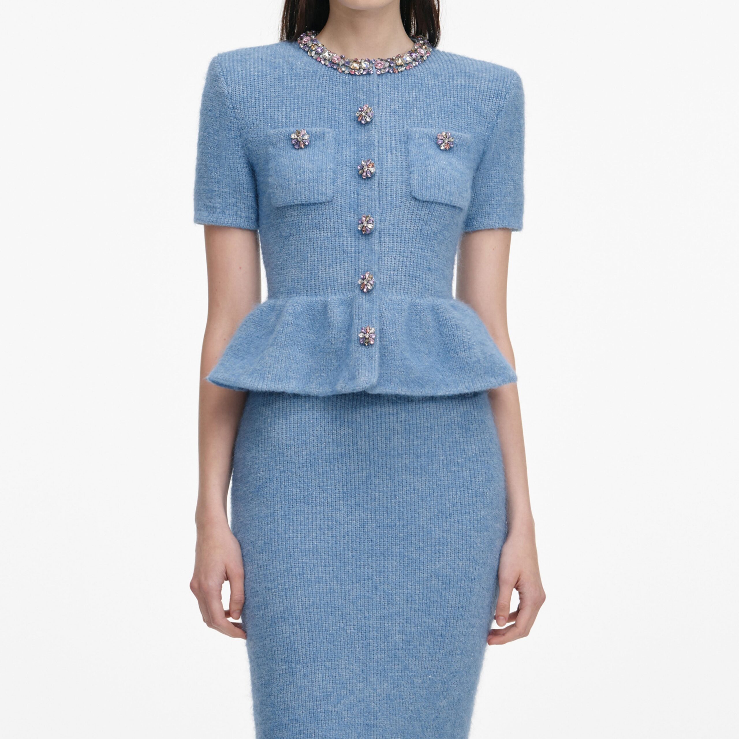 Kimberley Rhinestone Peplum Knit Midi Dress In Blue - OWNCI Kimberley Rhinestone Peplum Knit Midi Dress In Blue - OWNCI