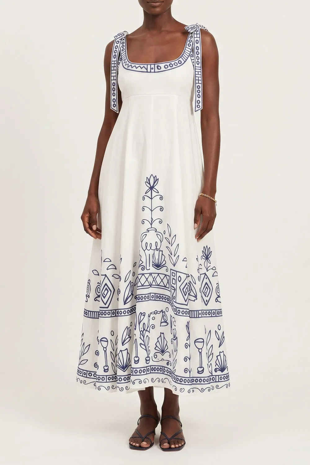 Square Neck Folk Embroidered Midi Dress - OWNCI Square Neck Folk Embroidered Midi Dress - OWNCI