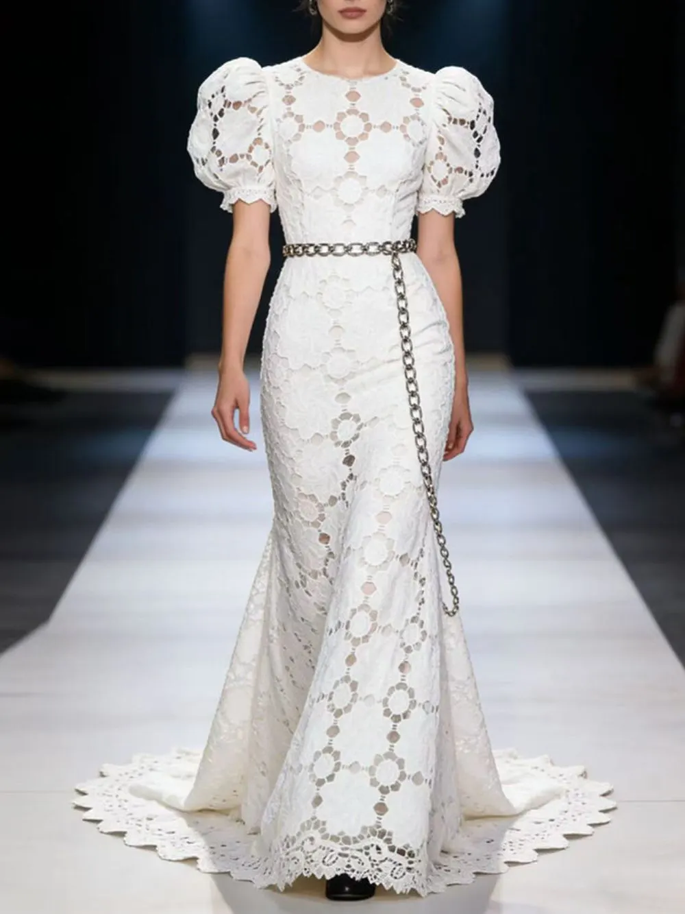 Short Sleeve Floral Crochet Mermaid Maxi Dress White - OWNCI Short Sleeve Floral Crochet Mermaid Maxi Dress White - OWNCI