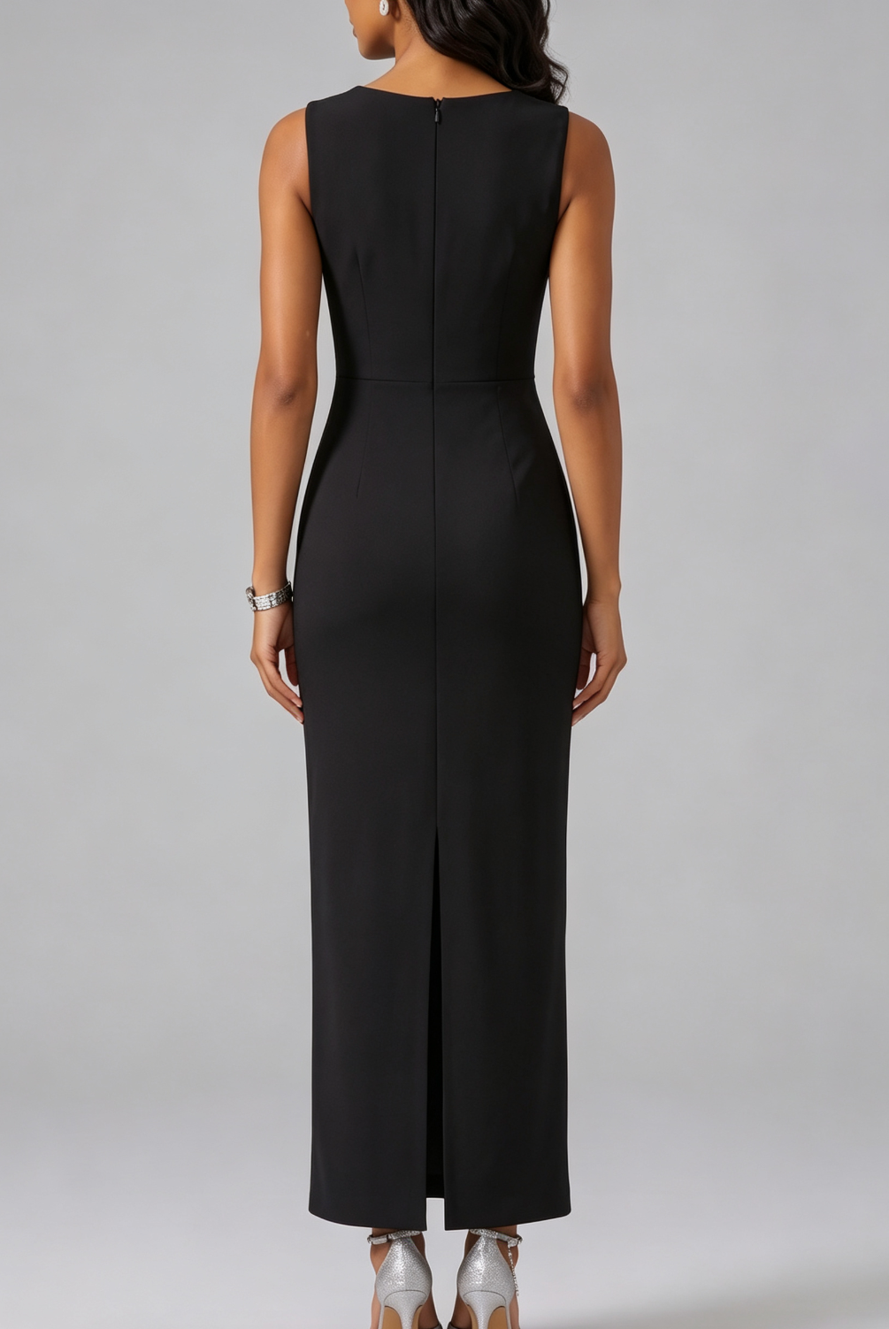 Sleeveless Square Neck Rhinestone Fringe Midi Bodycon Dress - OWNCI