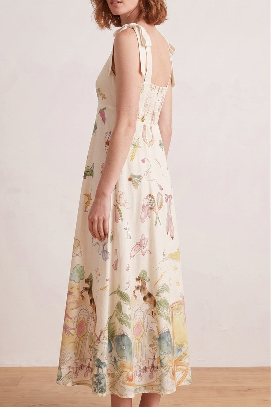 Bow Strap Whimsical Print Empire Midi Dress - OWNCI Bow Strap Whimsical Print Empire Midi Dress - OWNCI