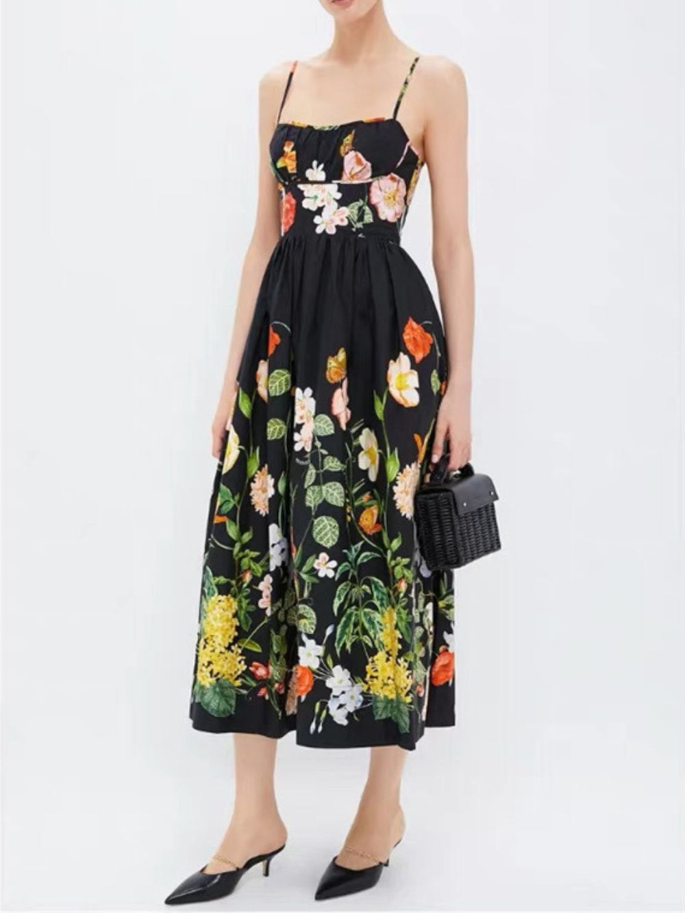 Meaza Black Spaghetti Printed Midi Dress - OWNCI Meaza Black Spaghetti Printed Midi Dress - OWNCI