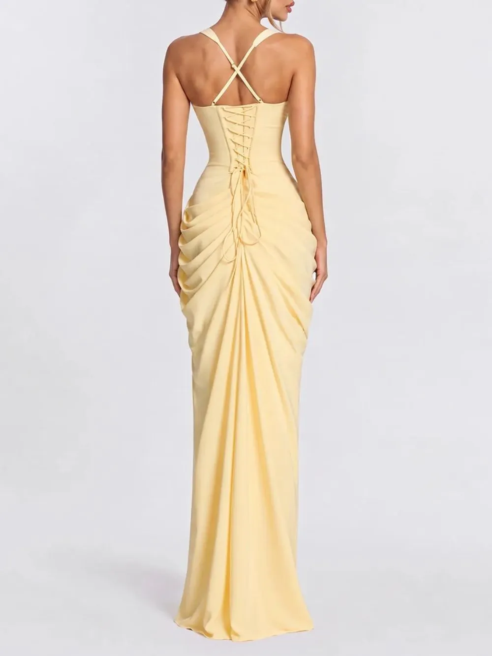Fujiye Halterneck Split Ruched Maxi Dress - OWNCI