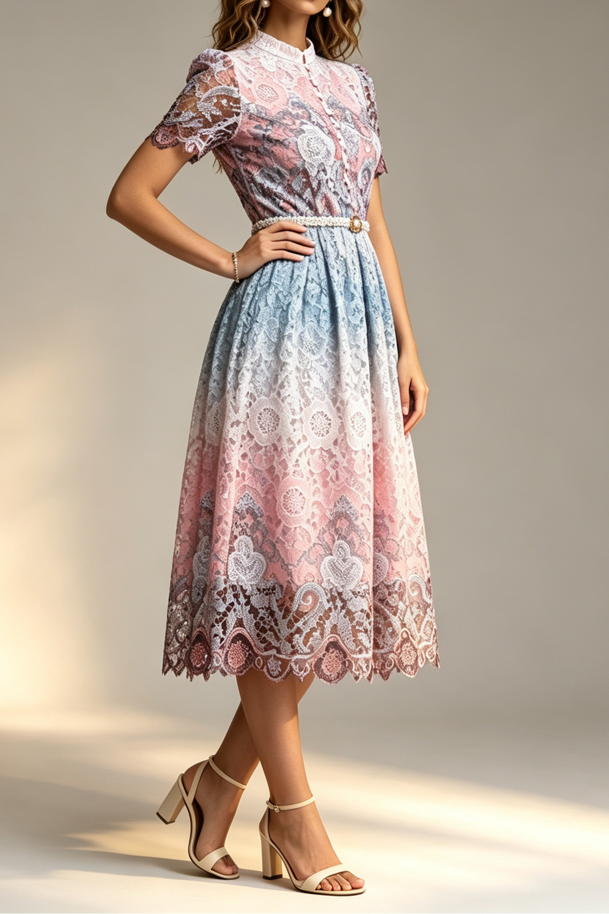 Ombre Gradient Floral Lace Stand Collar Short Puff Sleeve Pearl Button Rhinestone Belt A-Line Midi Dress - OWNCI