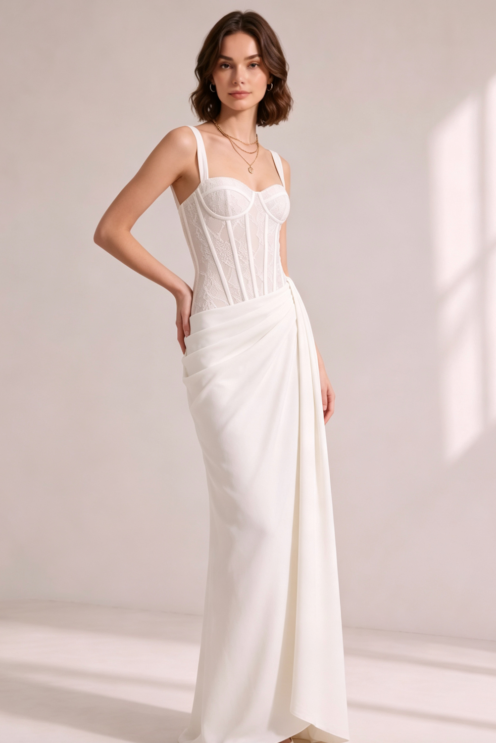 White Lace Corset Spaghetti Strap Draped Satin Maxi Gown - OWNCI White Lace Corset Spaghetti Strap Draped Satin Maxi Gown - OWNCI