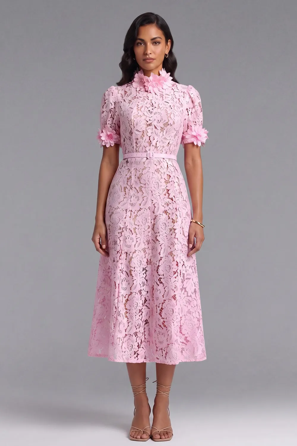 Pink Floral Lace A-Line Midi Dress - OWNCI Pink Floral Lace A-Line Midi Dress - OWNCI