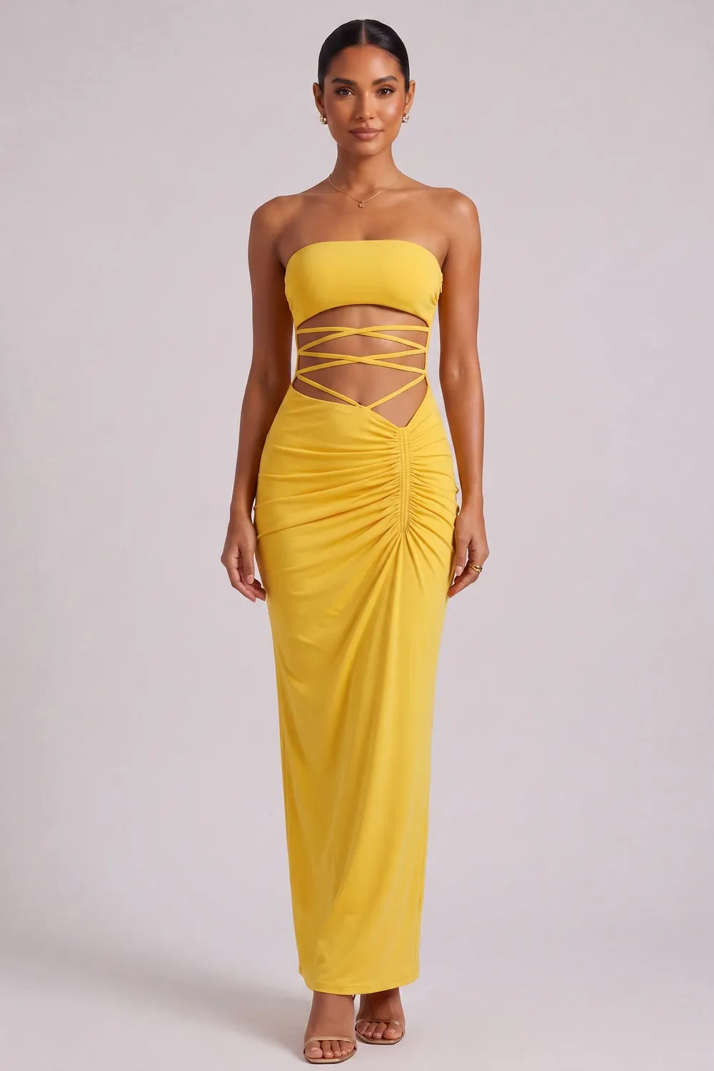 Yellow Strapless Maxi Dress with Side Cutout Detail - OWNCI